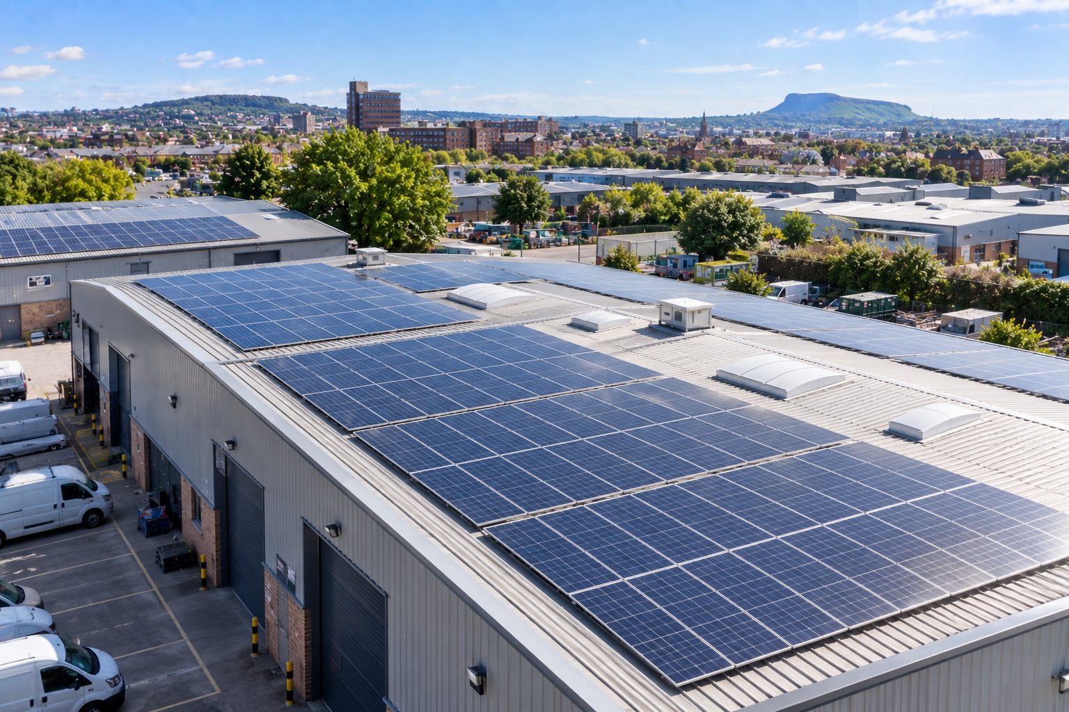 Solar panels installed on the roof of a commercial building